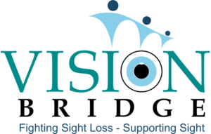 Vision Bridge logo featuring an eyeball located within the letter 'o' for Vision. Features slogan Fighting Sight Loss - Supporting Sight. Also features an illustration of three people that are interlocked, which also represents the image of a bridge.