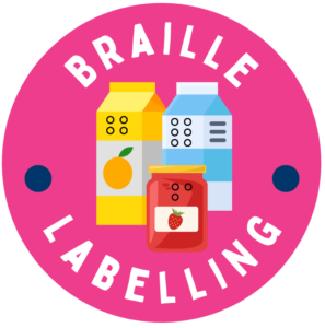 Braille Labelling campaign logo featuring graphic of food products with Braille on the labels